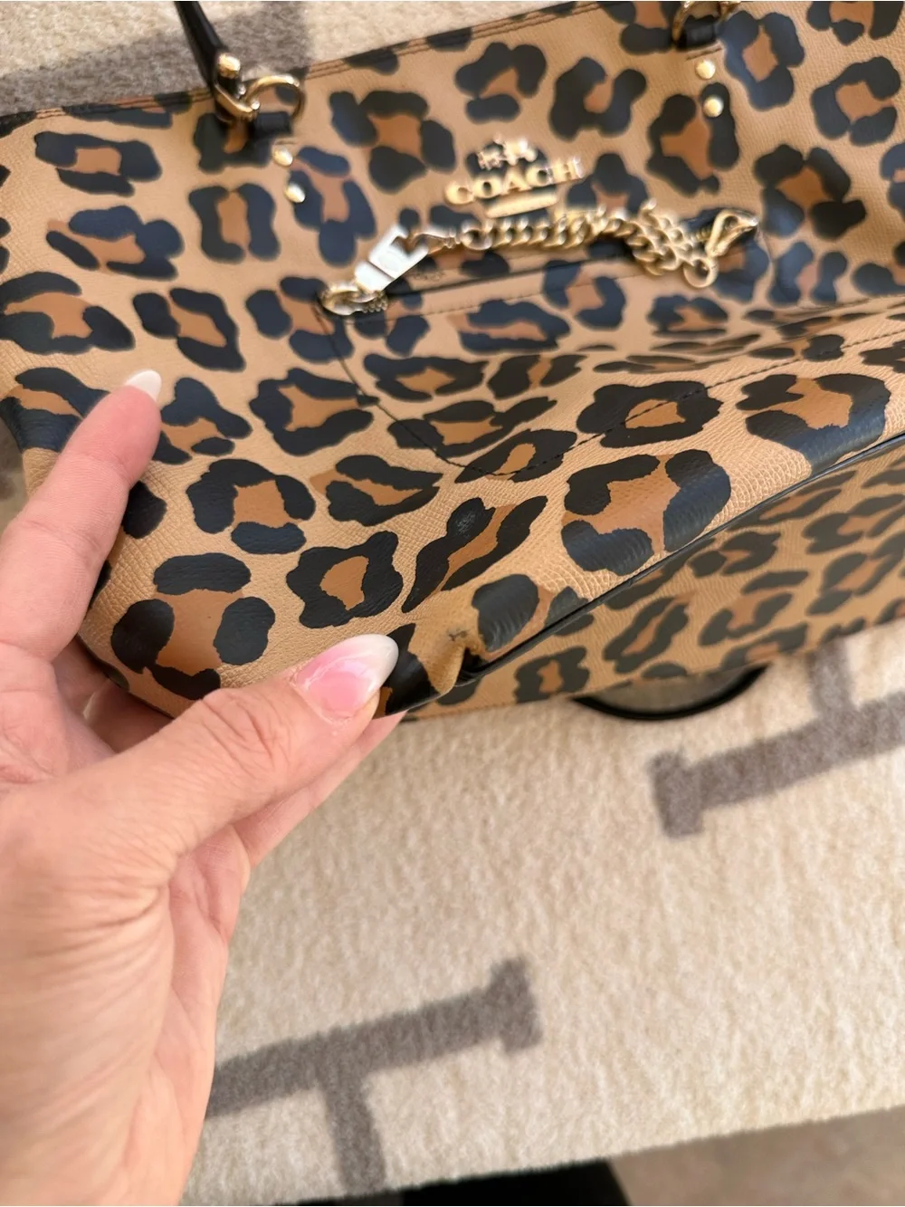 Coach Leopard-Print Tote in Brown and Black with Gold Chain Accent
